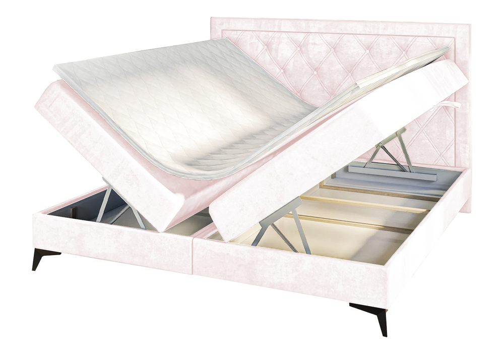 SELSEY Łóżko kontynentalne 160x200 cm Monciano z pojemnikami i topperem pudrowy róż welur hydrofobowy