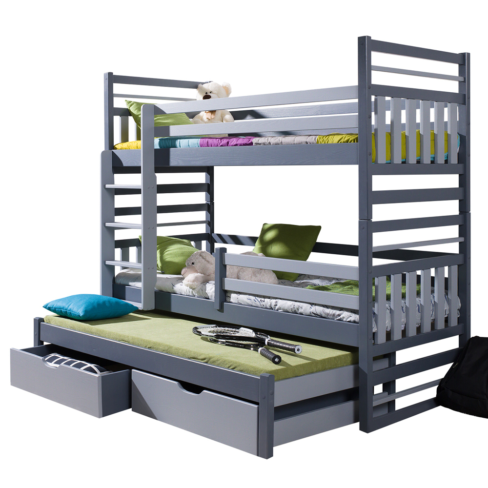 SELSEY Łóżko piętrowe z trzema posłaniami Celoris dwie szuflady grafitowo-szare