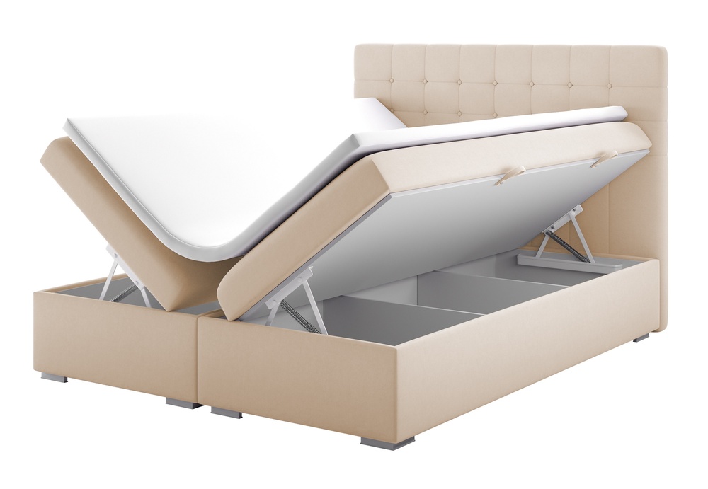 SELSEY Łóżko kontynentalne 160x200 cm Mladena z pojemnikami i topperem beżowe welur hydrofobowy