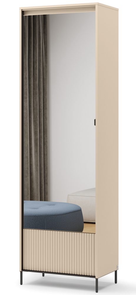 SELSEY Szafa jednodrzwiowa Trend z lustrem i oświetleniem 65 cm ryflowany front beż piaskowy / czarny