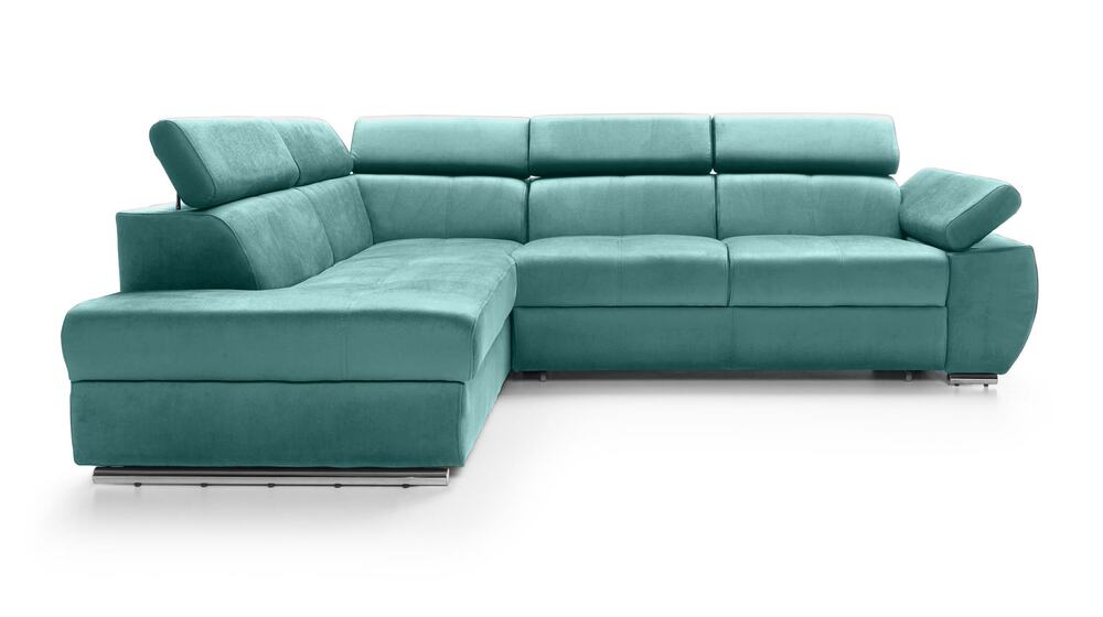 SELSEY Narożnik z funkcją spania Ararip 268 cm L-kształtny z regulowanymi zagłówkami i pojemnikiem turkusowy welur hydrofobowy lewostronny