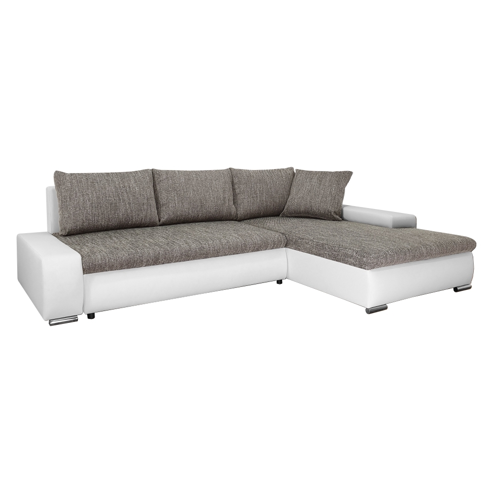 SELSEY Narożnik z funkcją spania Imbuti L biała ekoskóra-beżowa plecionka prawostronny