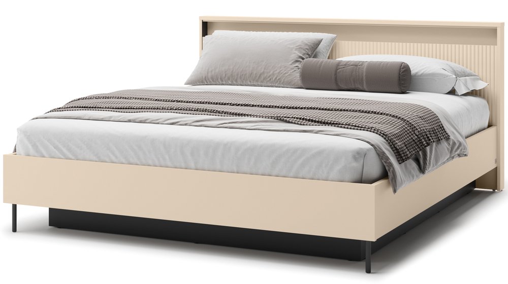 SELSEY Łóżko Trend 180x200 cm ryflowane z pojemnikiem i oświetleniem beż piaskowy / czarny