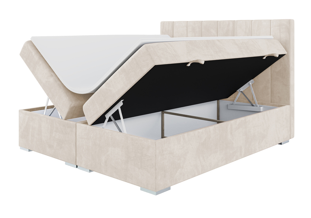 SELSEY Łóżko kontynentalne 160x200 cm Alenna z pojemnikami i topperem beżowe welur hydrofobowy