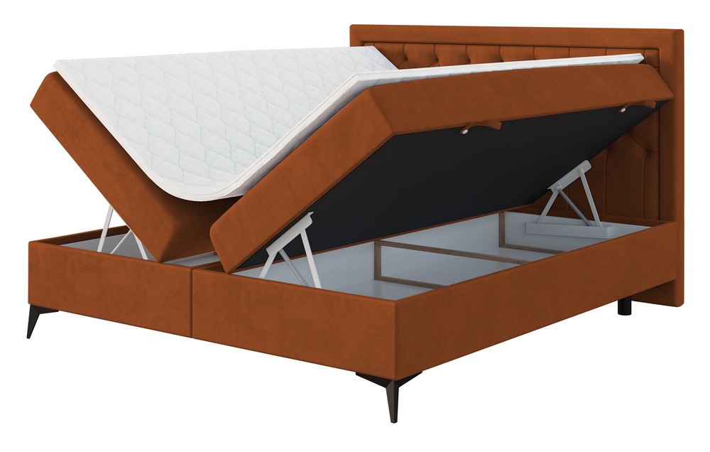 SELSEY Łóżko kontynentalne 140x200 cm Figino z pojemnikami i topperem miedziane welur hydrofobowy