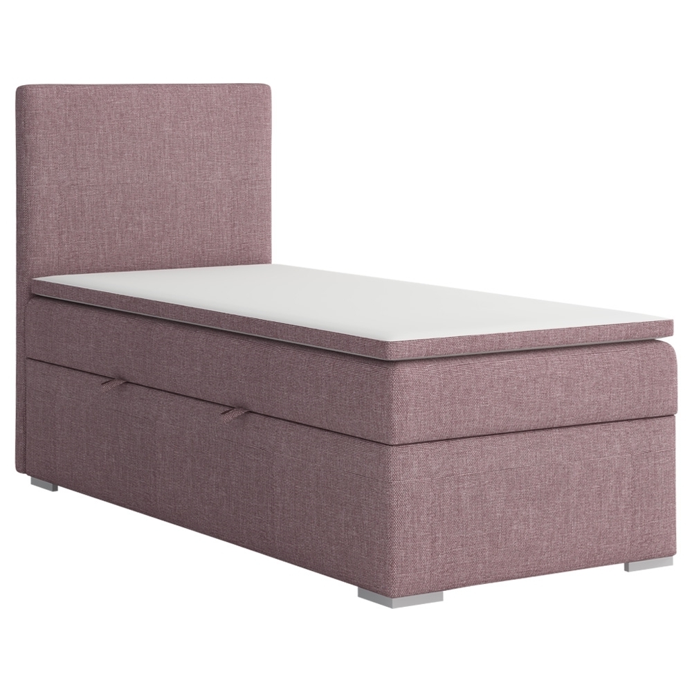 SELSEY Łóżko kontynentalne jednoosobowe z pojemnikiem i topperem Mechico 90x200 cm różowe plecionka lewostronne