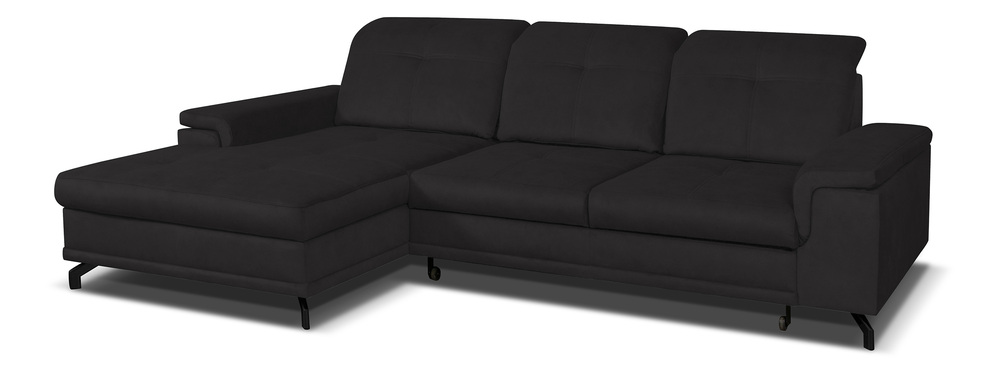 SELSEY Narożnik z funkcją spania Berberati L-kształtny czarny nogi czarne velvet hydrofobowy z pojemnikiem lewostronny