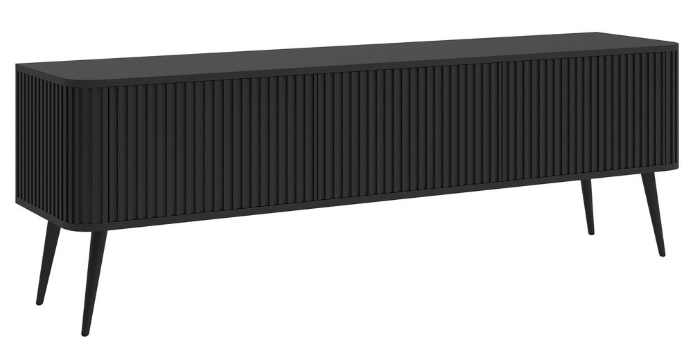 SELSEY Szafka RTV Ovarlo z ryflami trzydrzwiowa 163 cm czarna z czarnymi nogami