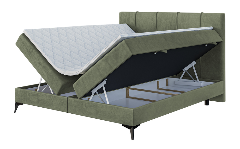 SELSEY Łóżko kontynentalne 140x200 cm Rebecco z pojemnikami i topperem oliwkowe welur hydrofobowy