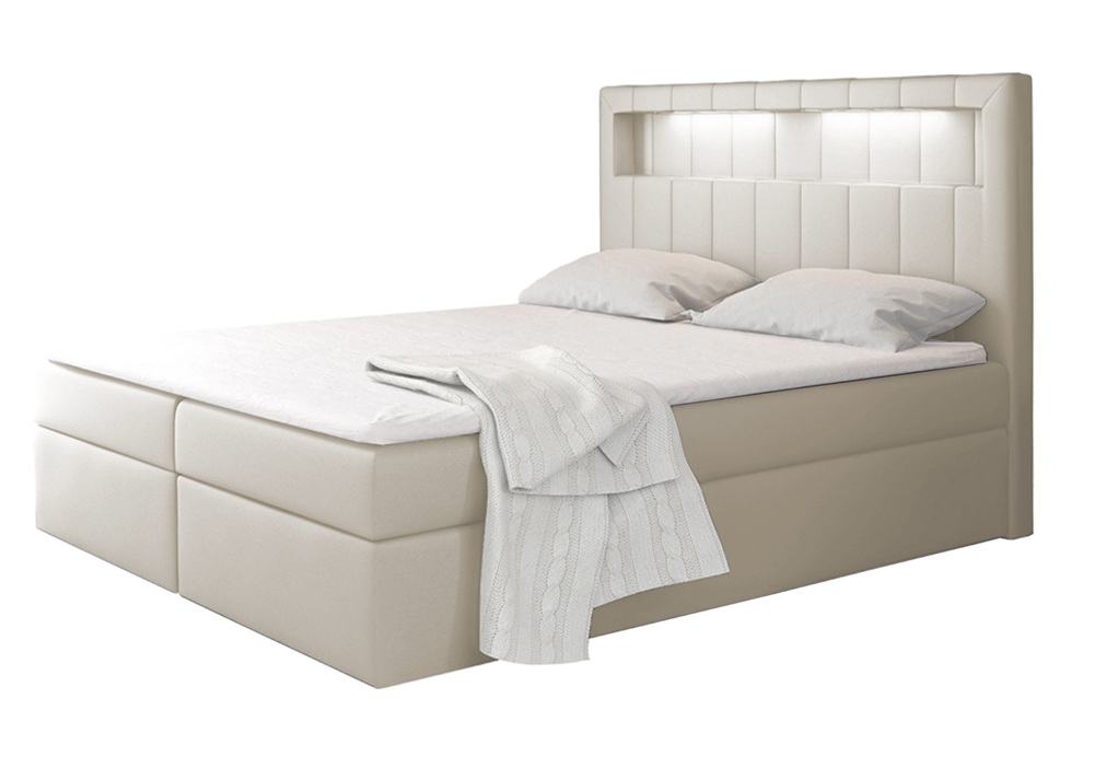 SELSEY Łóżko kontynentalne Liarchil 200x200 z dwoma pojemnikami, materacem i topperem kremowe hydrofobowe