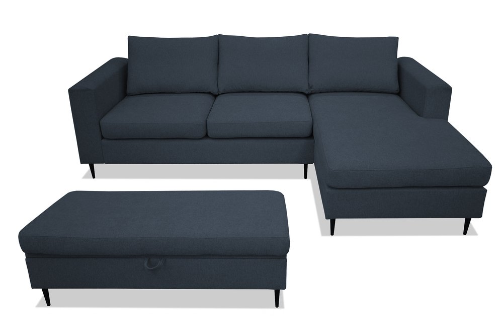 SELSEY Narożnik z funkcją spania Barbiano z pufą granatowy plecionka hydrofobowa prawostronny