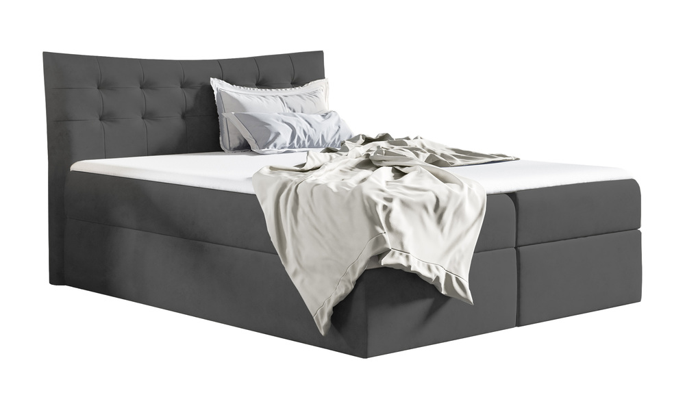 SELSEY Łóżko kontynentalne Ramblano 160x200 z dwoma pojemnikami, materacem i topperem ciemnoszare hydrofobowe