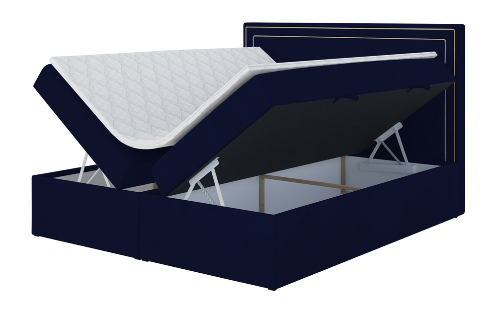 SELSEY Łóżko kontynentalne 140x200 cm Kartus z pojemnikami i topperem granatowe welur hydrofobowy
