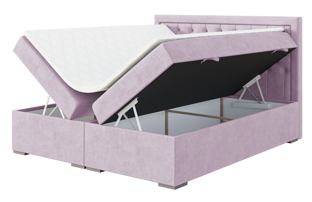 SELSEY Łóżko kontynentalne 160x200 cm Periana z pojemnikami i topperem wrzosowe welur hydrofobowy