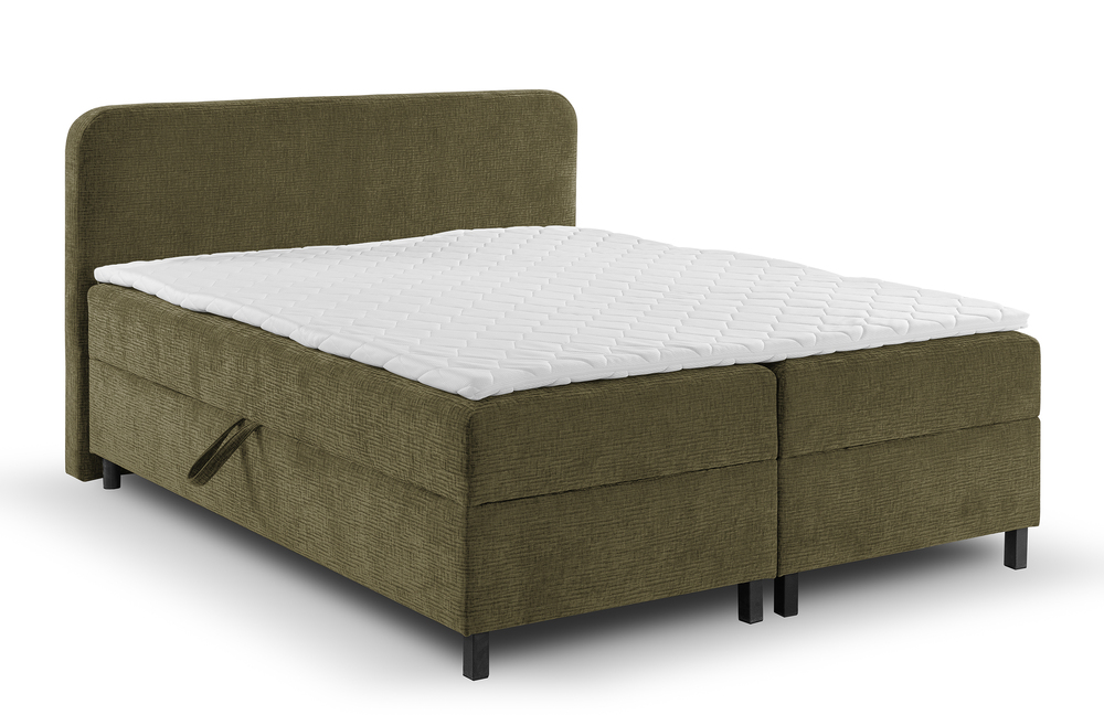 SELSEY Łóżko kontynentalne z dwoma pojemnikami i topperem Noiro oliwkowe 180/200 cm plecionka szenil nogi czarne