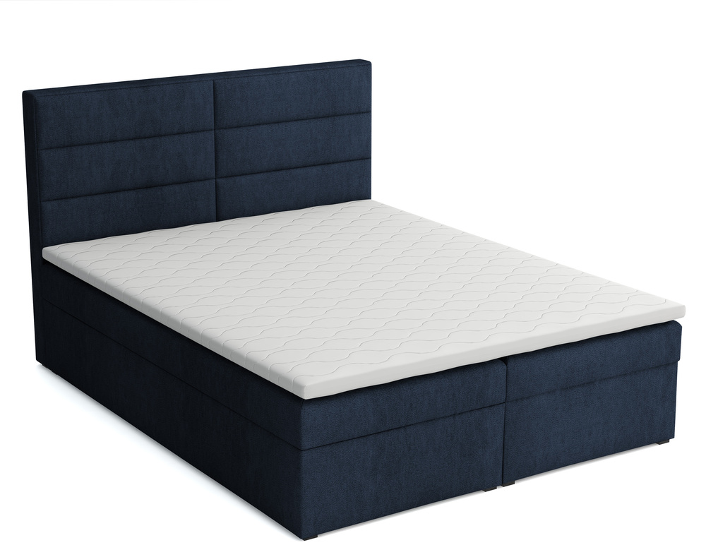 SELSEY Łóżko kontynentalne 180x200 cm Valdamone z pojemnikami i topperem granatowe welur łatwoczyszczący