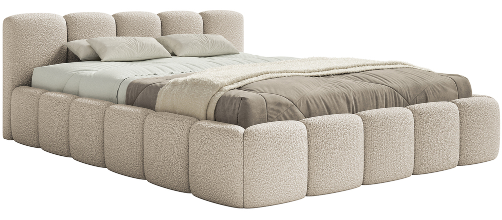 SELSEY Łóżko tapicerowane 140x200 cm Cloudy Low z pojemnikiem jasnobeżowe boucle stelaż metalowy