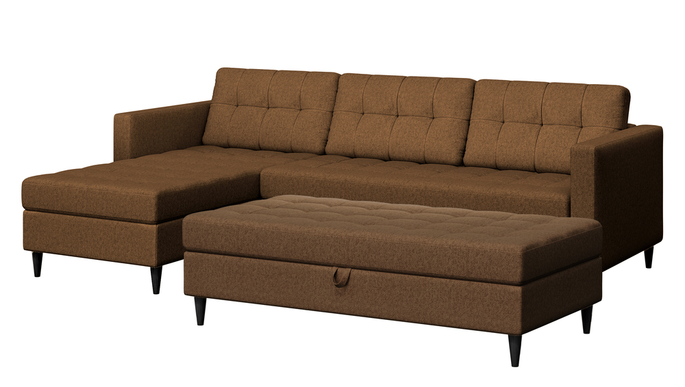 SELSEY Narożnik Kopenhaga brązowy czarne drewniane nóżki z pufą welur hydrofobowy uniwersalny bez nakładki z funkcją spania