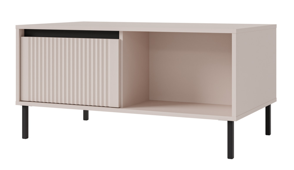 SELSEY Stolik kawowy Osaka z dwiema szufladami i ryflowanymi frontami 100 cm beż piaskowy na czarnych nogach