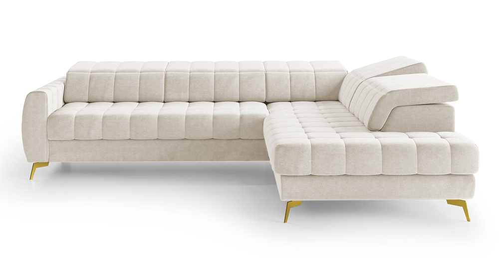 SELSEY Narożnik z funkcją spania Pessi L-kształtny z pojemnikiem i regulowanymi zagłówkami jasnobeżowy welur łatwoczyszczący prawostronny