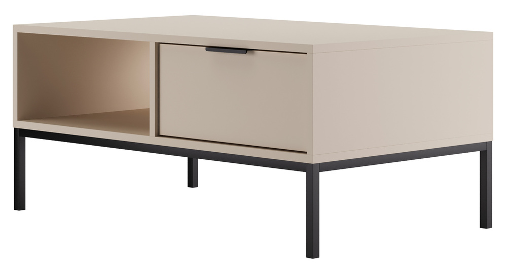 SELSEY Stolik kawowy Diargo 100 cm z dwiema szufladami i wnęką szarobeżowy na czarnym stelażu