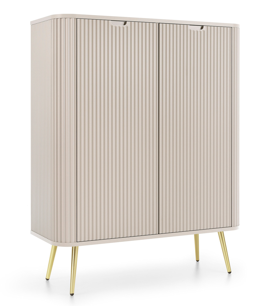 SELSEY Komoda wysoka Zova dwudrzwiowa z lamelowymi frontami 103 cm Szarobeżowa ze złotymi nogami