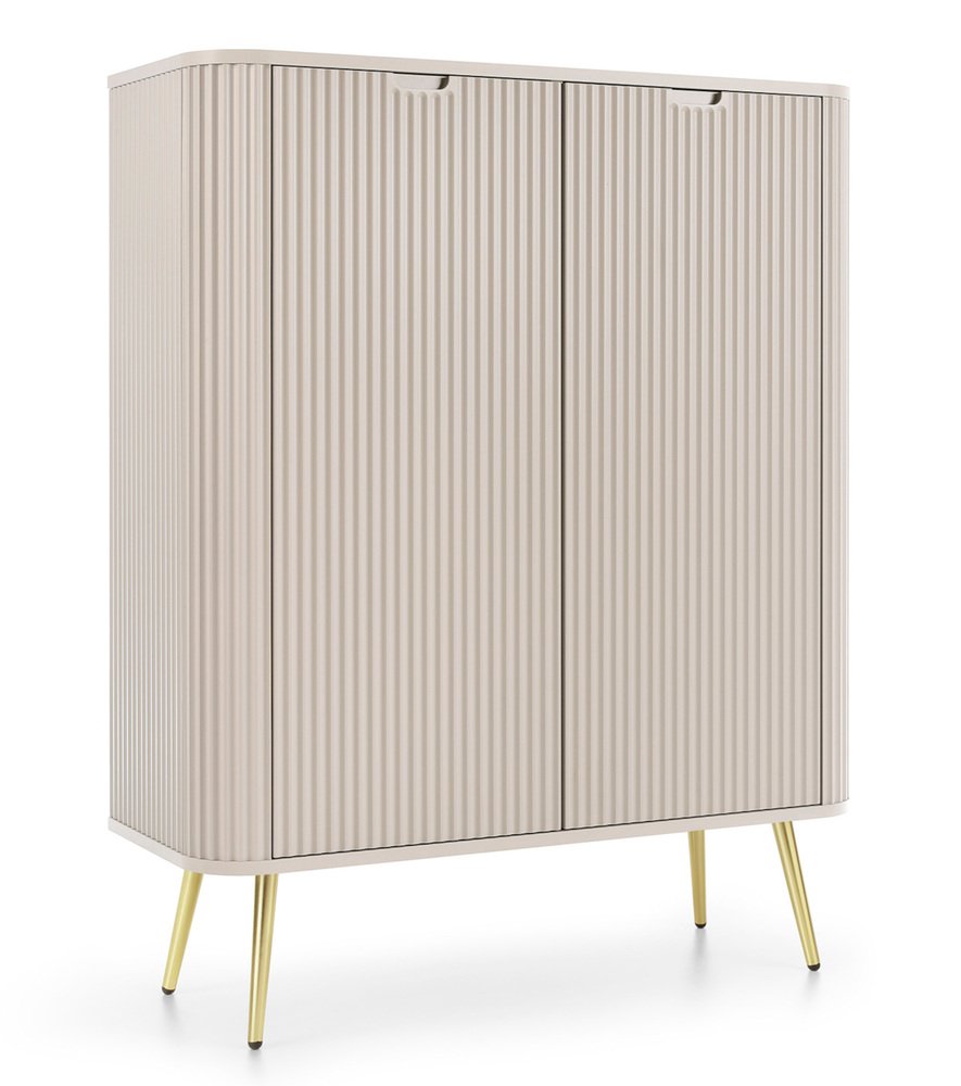 SELSEY Komoda wysoka Zova dwudrzwiowa z lamelowymi frontami 103 cm Szarobeżowa ze złotymi nogami