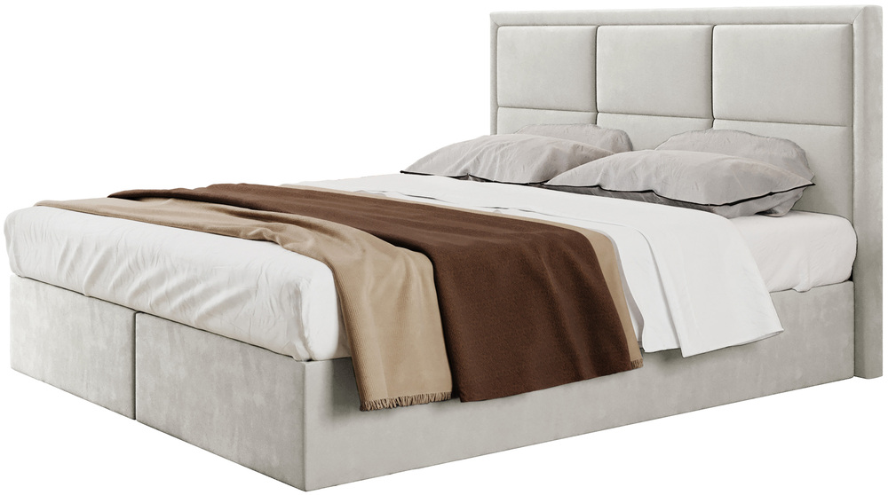 SELSEY Łóżko kontynentalne 180x200 cm Rommano z materacem bonellowym i topperem jasnobeżowe welur