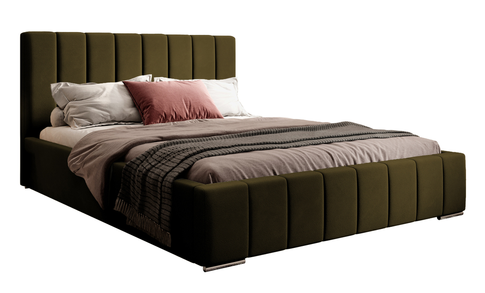 SELSEY Łóżko tapicerowane 140x200 cm Wolte z pojemnikiem oliwkowe welur