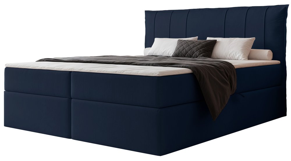 SELSEY Łóżko kontynentalne 160x200 cm Moly z materacem bonellowym i topperem granatowe welur hydrofobowy