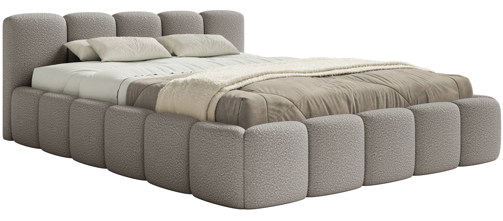 SELSEY Łóżko tapicerowane 140x200 cm Cloudy Low z pojemnikiem szare boucle stelaż metalowy