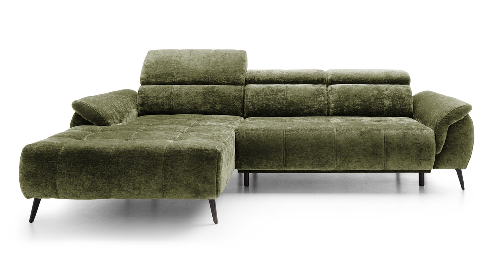 SELSEY Narożnik z funkcją spania Mamutio L-kształtny z elektrycznie wysuwanym siedziskiem i regulowanymi zagłówkami oliwkowy szenil lewostronny