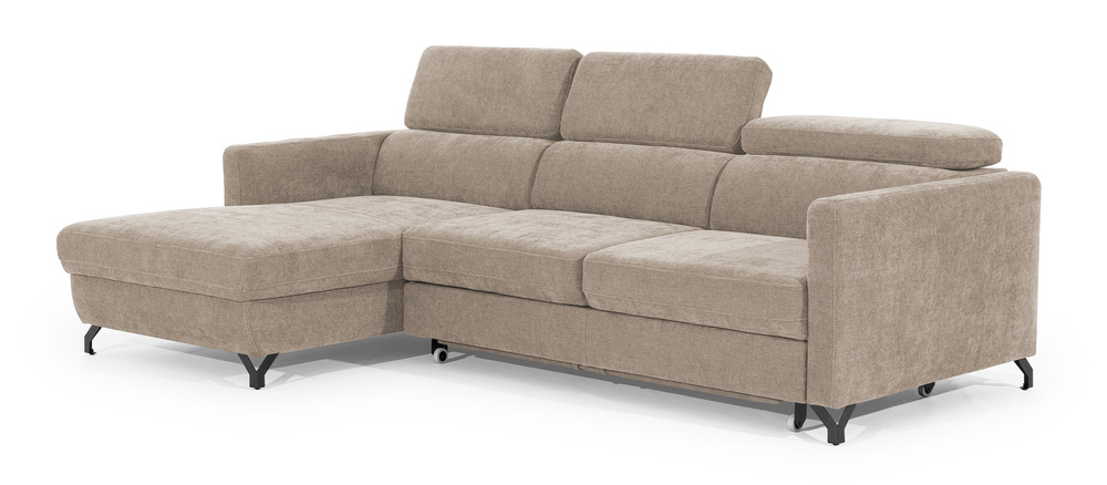 SELSEY Narożnik z funkcją spania Monarda L-kształtny z pojemnikiem i regulowanymi zagłówkami beżowy w tkaninie łatwoczyszczącej lewostronny