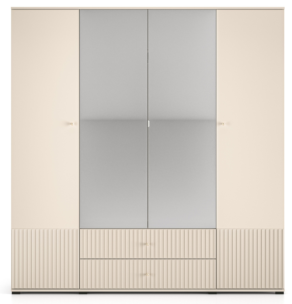 SELSEY Szafa czterodrzwiowa Caletto 200 cm z dwiema szufladami i lustrem ozdobne lamele beżowa