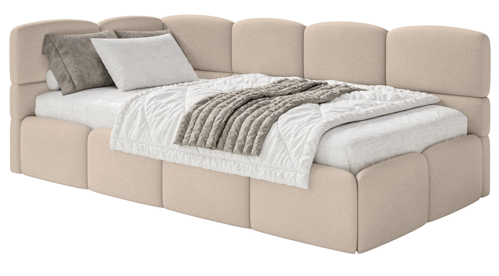 SELSEY Łóżko młodzieżowe 90x200 cm Cloudy lewostronne z pojemnikiem beżowe szenil