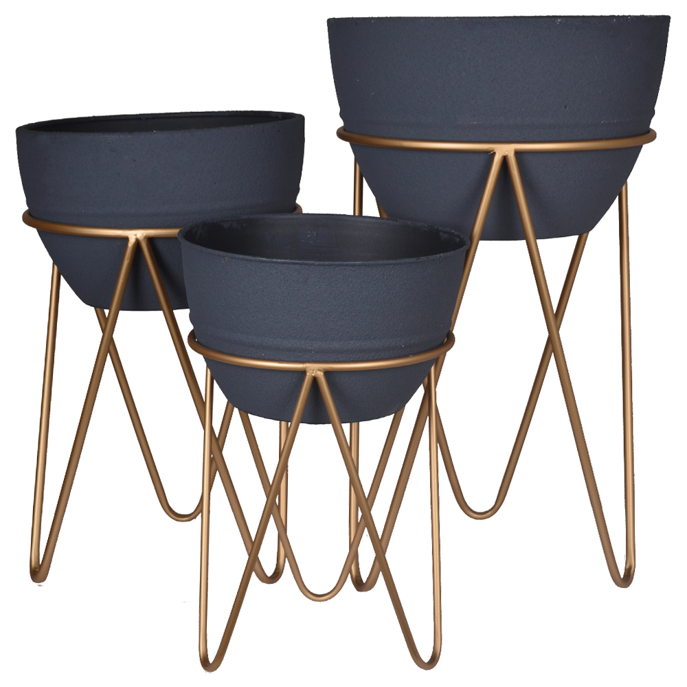 SELSEY Zestaw trzech doniczek Robbinest szare na złotym stelażu