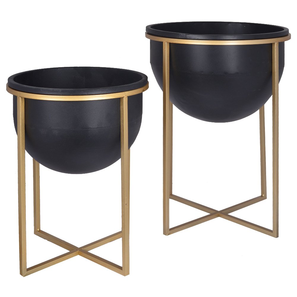 SELSEY Zestaw dwóch doniczek Grapplice czarne na złotym stelażu