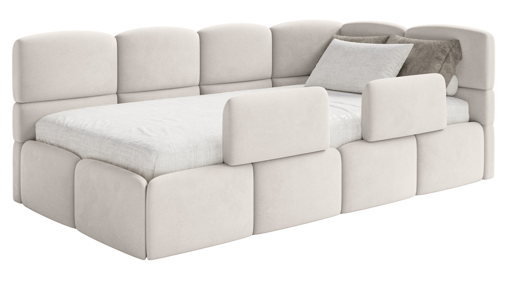 SELSEY Łóżko młodzieżowe 90x200 cm Cloudy prawostronne z materacem pojemnikiem i barierkami kremowe welur hydrofobowy łatwoczyszczący