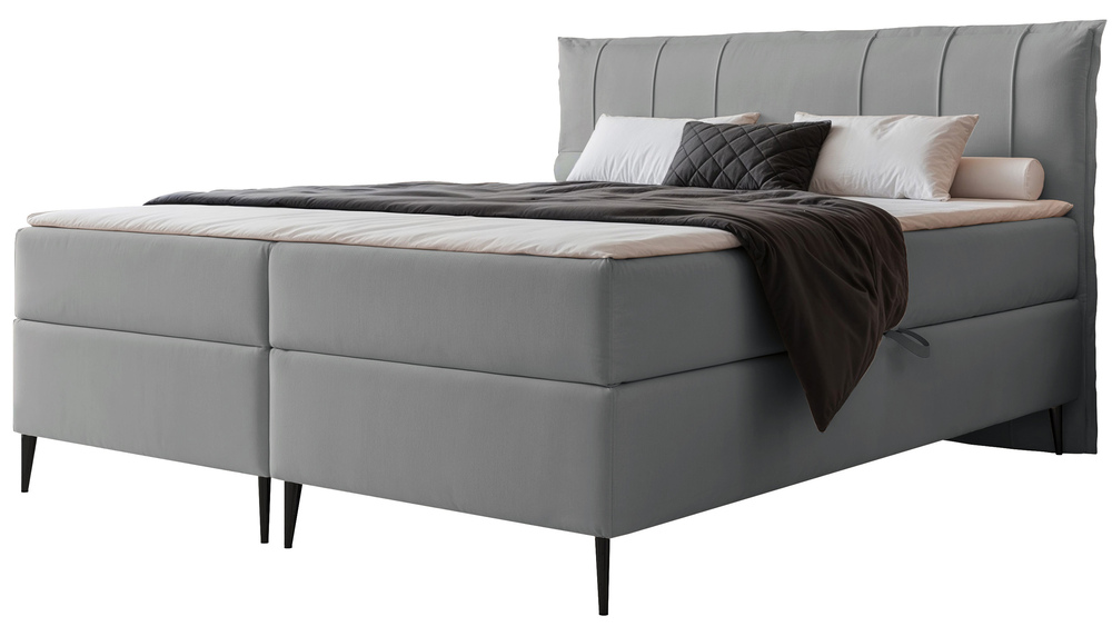 SELSEY Łóżko kontynentalne 200x200 cm Suzi z materacem bonellowym i topperem szare welur hydrofobowy