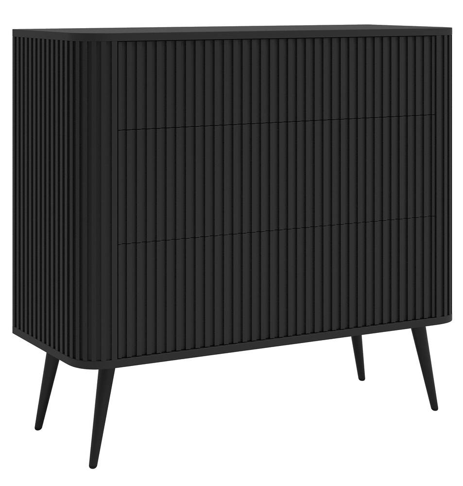 SELSEY Komoda Ovarlo z ryflami i trzema szufladami 93 cm czarna z czarnymi nogami