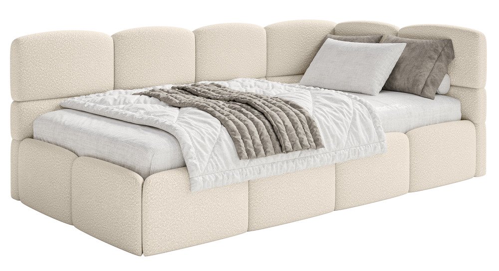 SELSEY Łóżko młodzieżowe 90x200 cm Cloudy prawostronne z pojemnikiem jasnobeżowe boucle