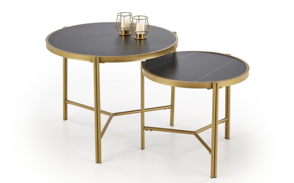 SELSEY Zestaw dwóch stolików kawowych Hesivene z okrągłymi blatami 63 cm i 48 cm czarny marmur/ złoty