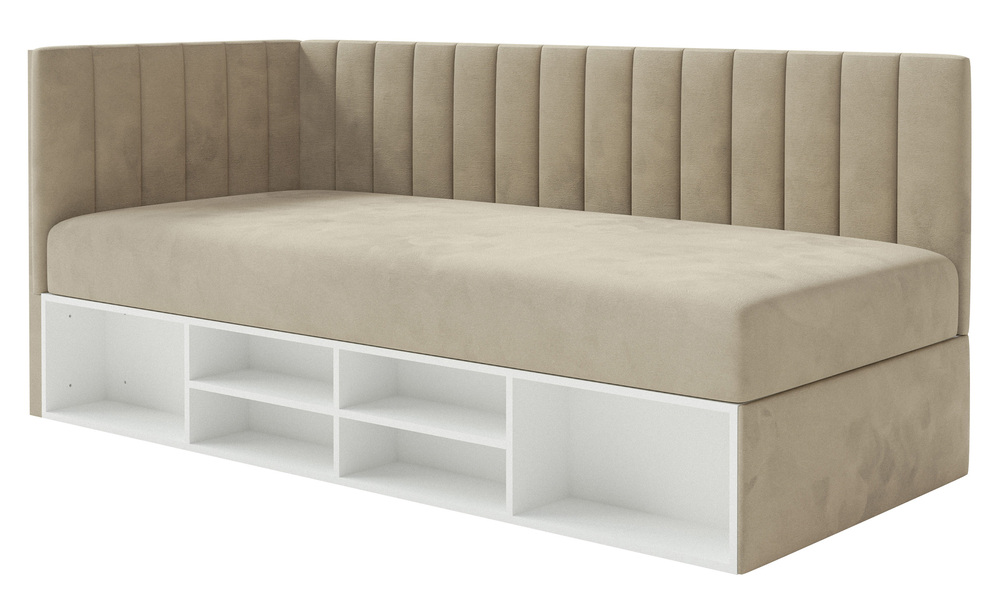 SELSEY Łóżko młodzieżowe 90x200 cm Ventrio lewostronne z pojemnikiem i półkami szarobeżowe welur hydrofobowy łatwoczyszczący