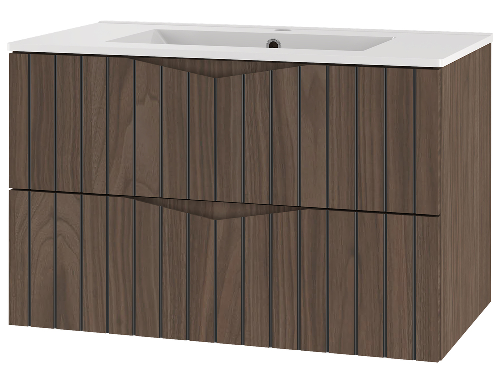 SELSEY Szafka łazienkowa z umywalką Stella 80 cm ryflowane fronty orzech / czarny mat