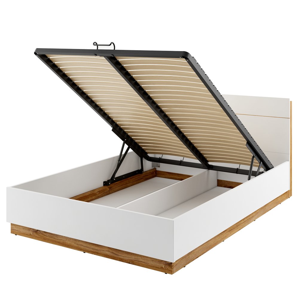 SELSEY Łóżko Dentro z pojemnikiem i oświetleniem 160/200 cm Biały/Dąb stirling