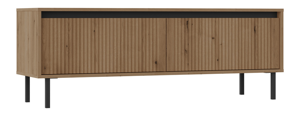 SELSEY Szafka RTV Osaka z dwiema szufladami i ryflowanymi frontami 140 cm dąb evoke na czarnych nogach