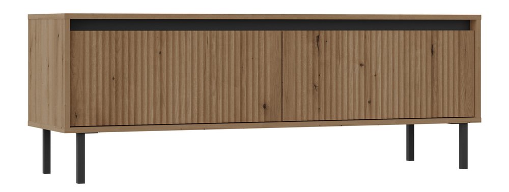 SELSEY Szafka RTV Osaka z dwiema szufladami i ryflowanymi frontami 140 cm dąb evoke na czarnych nogach