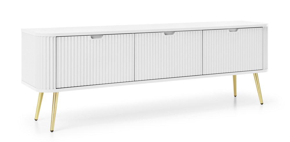 SELSEY Szafka RTV Zova trzydrzwiowa z lamelowymi frontami 168 cm Biała ze złotymi nogami