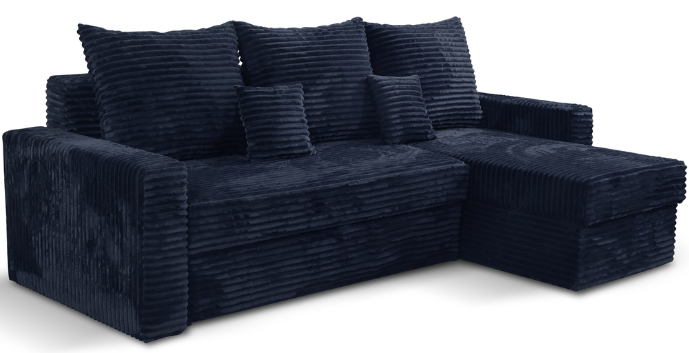 SELSEY Narożnik z funkcją spania Boston L-kształtny uniwersalny z pojemnikiem granatowy gruby sztruks