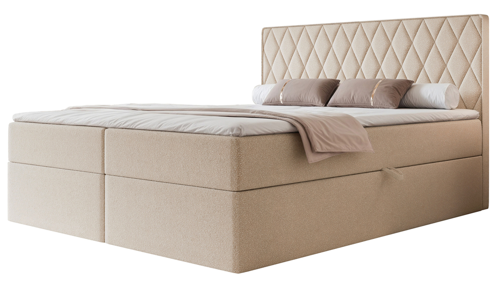 SELSEY Łóżko kontynentalne 160x200 cm Carenzo z materacem bonellowym i topperem beżowe szenil hydrofobowy